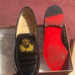 Christian Louboutin Black Loafers with Gold Embroidery and Red Sole